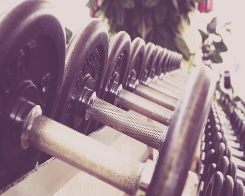 A rack of light dumbbells and kettlebells organized in a gym setting